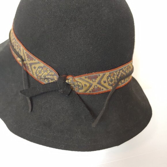 Wool Felt Wide Brim Floppy Hat Kilim Style Pattern Band Adjustable Boho Black - Picture 4 of 9
